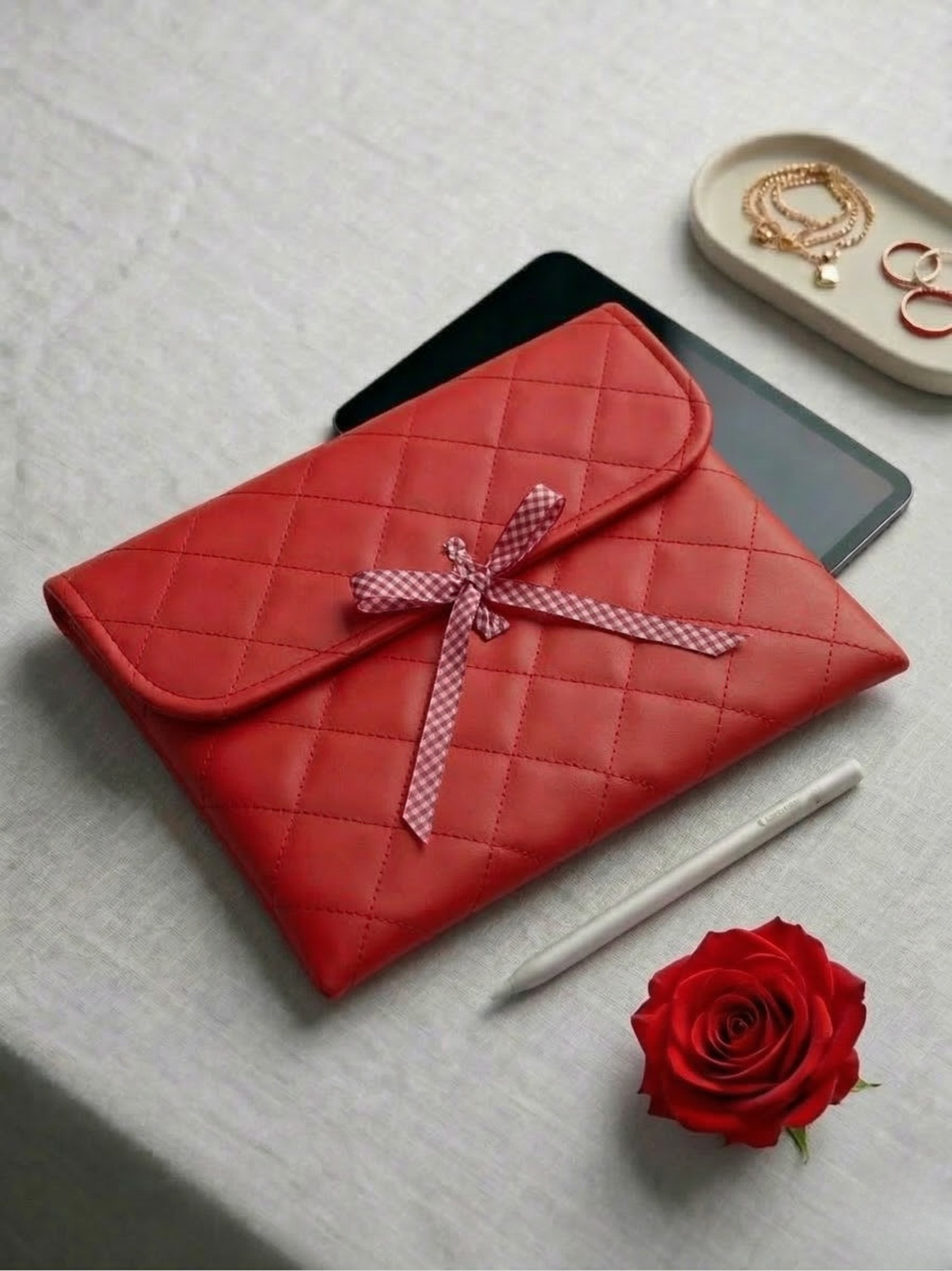 Funda Acolchada para iPad con Lazo y Forro en Tela Vichy